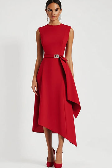 Red A Line Asymmetrical Work Dress with Belt